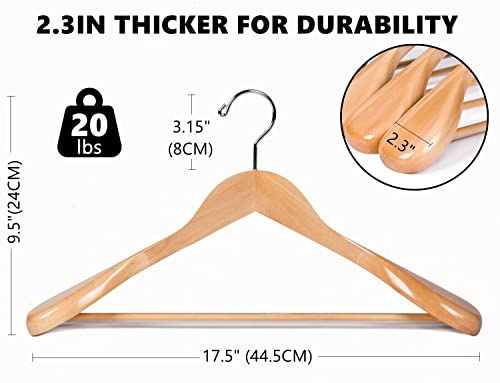 Amber Home 6 Pack Wide Shoulder Wooden Suit Coat Hangers with Non Slip Pants Bar, Solid Wood Jacket Clothes Hangers Smooth Finish for Sweater, Pants, Heavy Clothes (Natural, 6 Pack)