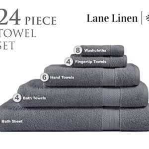 LANE LINEN 24 Piece Towels for Bathroom - 100% Cotton Oversized Bath Quick Dry Spa 2 Extra Large Sheet 4 Towel 6 Hand 8 Wash Cloths Fingertip Cool Grey