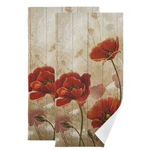 red poppy flower hand towels rustic brown wooden cotton set of 2 multi-purpose kitchen towel for face beach bathroom gym 14.4 x 28.3 inch