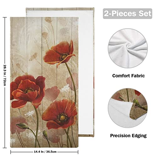 Red Poppy Flower Hand Towels Rustic Brown Wooden Cotton Set of 2 Multi-Purpose Kitchen Towel for Face Beach Bathroom Gym 14.4 x 28.3 Inch