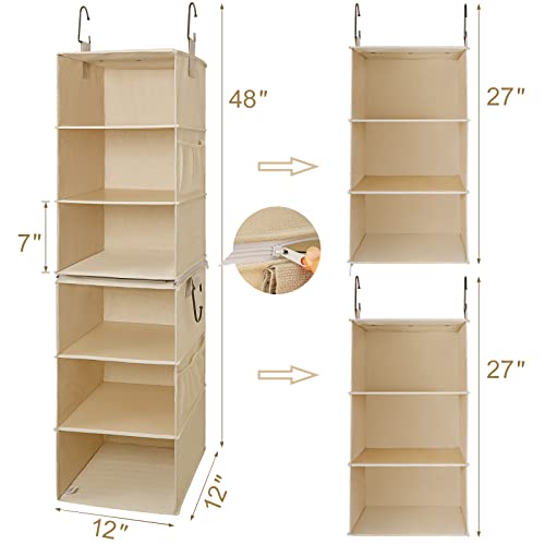 TOPIA HOME 6-Shelf Hanging Closet Organizer, Two Separable 3-Tier Thickened Fabric Hanging Closet Shelves with Mesh Pockets, Collapsible Closet Organizers and Storage Organization, Beige