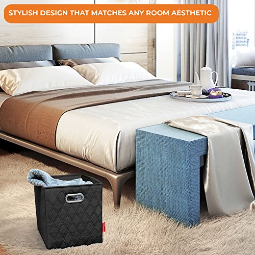 JIAessentials 12 inch Black Foldable Diamond Patterned Faux Leather Storage Cube Bins Set of Two with Handles for living room, bedroom and office storage