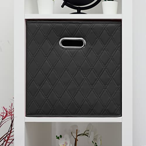 JIAessentials 12 inch Black Foldable Diamond Patterned Faux Leather Storage Cube Bins Set of Two with Handles for living room, bedroom and office storage