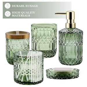 CYJJYZ 5Pcs Green Bathroom Accessories Complete Set,Includes Lotion Dispenser, Soap Dish, Toothbrush Holder, Tumbler, Cotton Swab Jars, Modern Bathroom Decor and Gift Set.