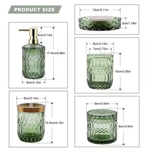 CYJJYZ 5Pcs Green Bathroom Accessories Complete Set,Includes Lotion Dispenser, Soap Dish, Toothbrush Holder, Tumbler, Cotton Swab Jars, Modern Bathroom Decor and Gift Set.