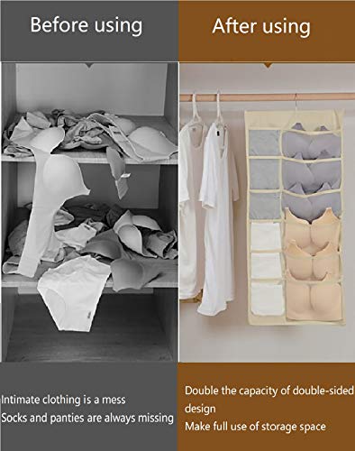 Closet Hanging Organizer with Mesh Pockets & Rotating Metal Hanger,Dual Sided Wall Shelf Wardrobe Storage Bags,Oxford Cloth Space Saver Bag for Bra Underwear Underpants Socks(white,30 Pocket)