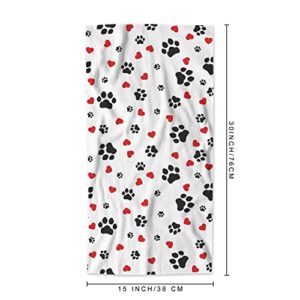 AOYEGO Cute Colorful Paw Print Bath Towels Lovely Puppy Animal Dog Cat Footprint Red Hearts Kitchen Hand Towels Bathroom Decor Soft Beach Microfiber Hair Towels 15x30 Inch