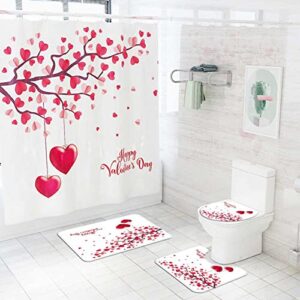 ochine 4 pcs valentine's day shower curtain set with non-slip rug, toilet lid cover and bath mat, romantic sweetheart shower curtain set waterproof fabric bath curtains bathroom decor with 12 hooks