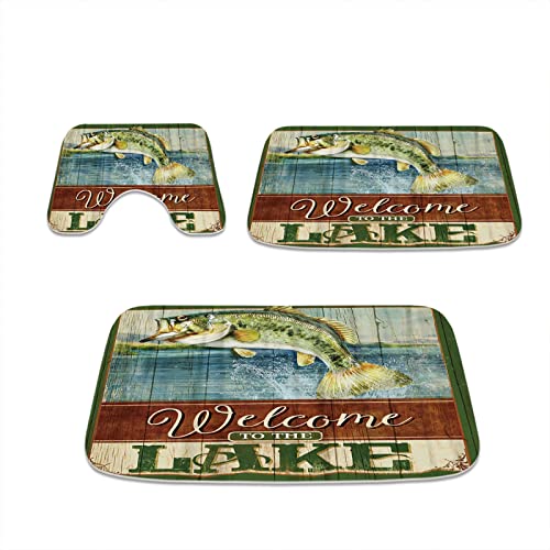 Rustic Cabin Bathroom Rugs and Bass Fish Out of Lakes Mats Sets 3 Piece, Velvet Memory Foam Natural Scenery Lake House Bath Mat, Large Small and U-Shaped Contour Shower Mat Non-Slip Washable