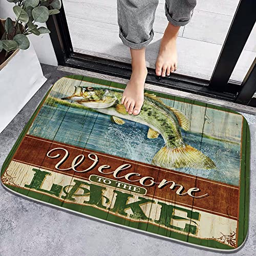 Rustic Cabin Bathroom Rugs and Bass Fish Out of Lakes Mats Sets 3 Piece, Velvet Memory Foam Natural Scenery Lake House Bath Mat, Large Small and U-Shaped Contour Shower Mat Non-Slip Washable