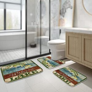 Rustic Cabin Bathroom Rugs and Bass Fish Out of Lakes Mats Sets 3 Piece, Velvet Memory Foam Natural Scenery Lake House Bath Mat, Large Small and U-Shaped Contour Shower Mat Non-Slip Washable