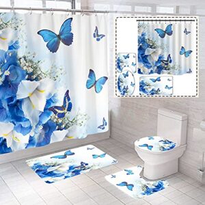 biustar 4 piece blue butterfly shower curtains sets with non-slip rugs, toilet lid cover and bath mat, bathroom sets with shower curtain and rugs and accessories