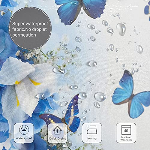 BIUSTAR 4 Piece Blue Butterfly Shower Curtains Sets with Non-Slip Rugs, Toilet Lid Cover and Bath Mat, Bathroom Sets with Shower Curtain and Rugs and Accessories