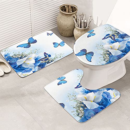 BIUSTAR 4 Piece Blue Butterfly Shower Curtains Sets with Non-Slip Rugs, Toilet Lid Cover and Bath Mat, Bathroom Sets with Shower Curtain and Rugs and Accessories