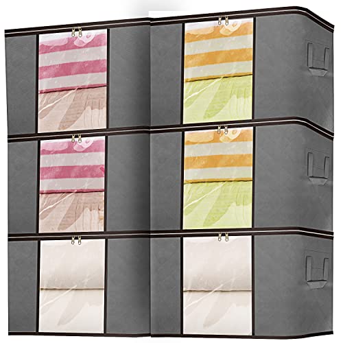 60L clothing organizer clothes storage container closet organizer storage bags for clothes under bed storage bin organizer for closet,shelves, basement （6 pack, grey)