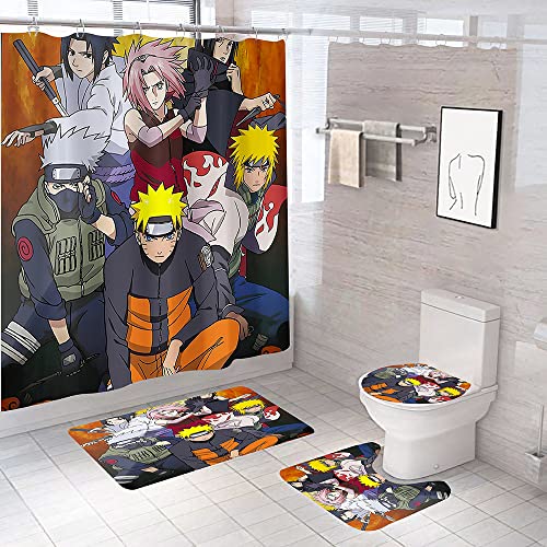 daweitianlong 4 Piece Anime Shower Curtain Set with Non-Slip Rug, Thickened Toilet Lid Cover and Bath Mat,Waterproof Anime Shower Curtain Sets for Bathroom With12 Hooks 59x71 inch, 15