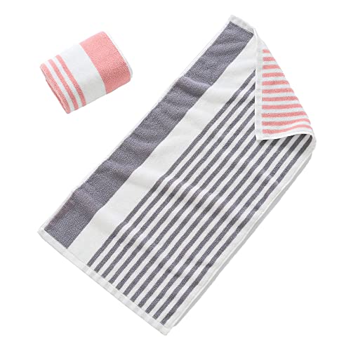 YiLUOMO Pink & Grey Hand Towel Set of 2 Striped Pattern 100% Cotton Soft Absorbent Decorative Hand Towels for Bathroom 13 x 29 Inch