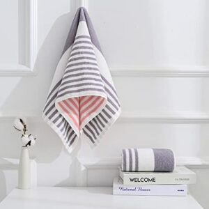 YiLUOMO Pink & Grey Hand Towel Set of 2 Striped Pattern 100% Cotton Soft Absorbent Decorative Hand Towels for Bathroom 13 x 29 Inch