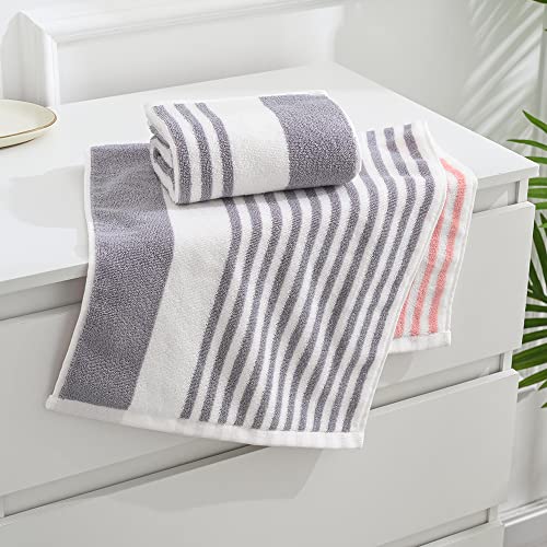 YiLUOMO Pink & Grey Hand Towel Set of 2 Striped Pattern 100% Cotton Soft Absorbent Decorative Hand Towels for Bathroom 13 x 29 Inch