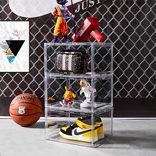 Siunzs Shoe Boxes Clear Plastic Stackable, Large Shoe Storage Box with Magnetic Door, Shoe Containers for Sneaker Display, 3 Pack Shoe Organizer, Easy Assembly, Fit up to US Size 12(14.6"x8.3"x10.2")