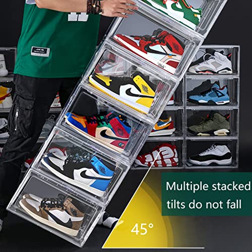 Siunzs Shoe Boxes Clear Plastic Stackable, Large Shoe Storage Box with Magnetic Door, Shoe Containers for Sneaker Display, 3 Pack Shoe Organizer, Easy Assembly, Fit up to US Size 12(14.6"x8.3"x10.2")