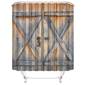 4Pcs Rustic Barn Door Shower Curtain Sets Wooden Gate Farmhouse Bathroom Set Decor with Non-Slip Rugs Bath U-Shaped Mat Toilet Lid Cover Country Bathroom Curtains Shower Set with 12 Hooks, 70.8×70.8