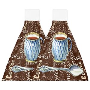 Retro Farm Coffee Theme Hanging Kitchen Towels Set of 2, Hand Towels with Loops, Vintage Shabby Coffee Brown Water Absorbent Dish Cloth Tie Towels Tea Bar Towels Hand Towels for Bathroom