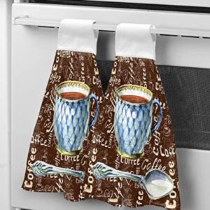 Retro Farm Coffee Theme Hanging Kitchen Towels Set of 2, Hand Towels with Loops, Vintage Shabby Coffee Brown Water Absorbent Dish Cloth Tie Towels Tea Bar Towels Hand Towels for Bathroom