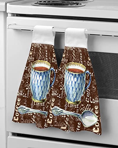 Retro Farm Coffee Theme Hanging Kitchen Towels Set of 2, Hand Towels with Loops, Vintage Shabby Coffee Brown Water Absorbent Dish Cloth Tie Towels Tea Bar Towels Hand Towels for Bathroom