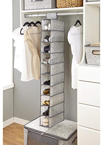 Laura Ashley Non-Woven 10 Shelf Shoe Organizer | Dimensions: L6 x W12 x H47 | Hanging | Closet Organization | Foldable | Dove Grey