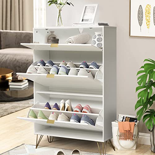 eclife Shoe Cabinet Shoe Rack Storage Organizer with 3-Tier Drawers White Entryway Shoe Cabinet for Heels, Boots, Slippers