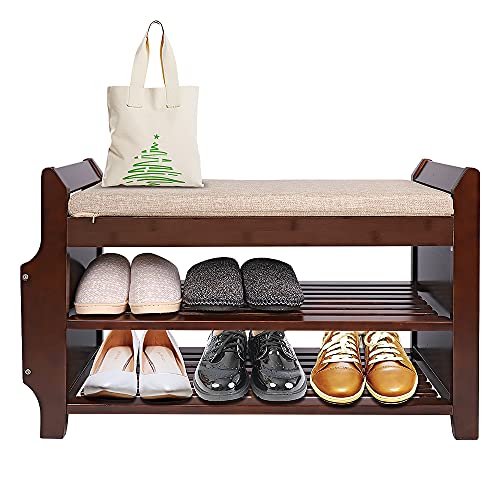 PATEWIN Bamboo Shoe Storage BenchShoe Rack Bench 2 Tier Entryway Shoe Bench with Shoe Organizer Drawers and Umbrella Stand for Living Room Bedroom and Bathroom (30.9Inchx11.6Inchx19.69Inch)