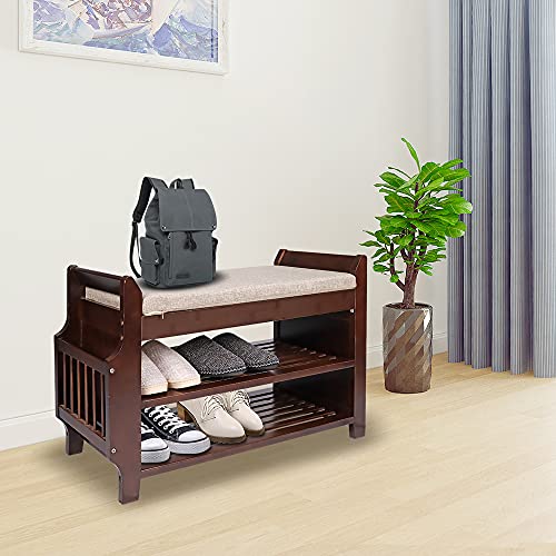 PATEWIN Bamboo Shoe Storage BenchShoe Rack Bench 2 Tier Entryway Shoe Bench with Shoe Organizer Drawers and Umbrella Stand for Living Room Bedroom and Bathroom (30.9Inchx11.6Inchx19.69Inch)