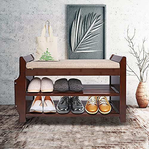 PATEWIN Bamboo Shoe Storage BenchShoe Rack Bench 2 Tier Entryway Shoe Bench with Shoe Organizer Drawers and Umbrella Stand for Living Room Bedroom and Bathroom (30.9Inchx11.6Inchx19.69Inch)