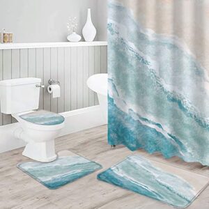 pakiinno shower curtain sets 4 piece bathroom decor sets with rugs, ocean beach dreamy gradient minimalist abstract art illustration waterproof shower curtain non-slip rug with hooks for tub-