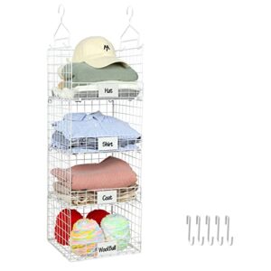 4 tier hanging closet shelves-clothes haning organizer with name plate s hooks, wall mount&cabinet wire storage basket bins, for clothing sweaters shoes handbags clutches accessories-white