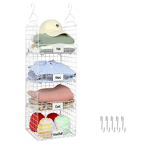 4 Tier Hanging Closet Shelves-Clothes Haning Organizer with Name Plate S Hooks, Wall Mount&Cabinet Wire Storage Basket Bins, for Clothing Sweaters Shoes Handbags Clutches Accessories-White