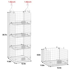 4 Tier Hanging Closet Shelves-Clothes Haning Organizer with Name Plate S Hooks, Wall Mount&Cabinet Wire Storage Basket Bins, for Clothing Sweaters Shoes Handbags Clutches Accessories-White