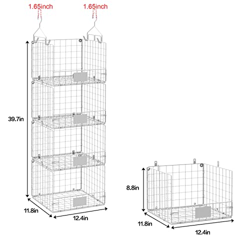 4 Tier Hanging Closet Shelves-Clothes Haning Organizer with Name Plate S Hooks, Wall Mount&Cabinet Wire Storage Basket Bins, for Clothing Sweaters Shoes Handbags Clutches Accessories-White