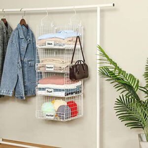 4 Tier Hanging Closet Shelves-Clothes Haning Organizer with Name Plate S Hooks, Wall Mount&Cabinet Wire Storage Basket Bins, for Clothing Sweaters Shoes Handbags Clutches Accessories-White