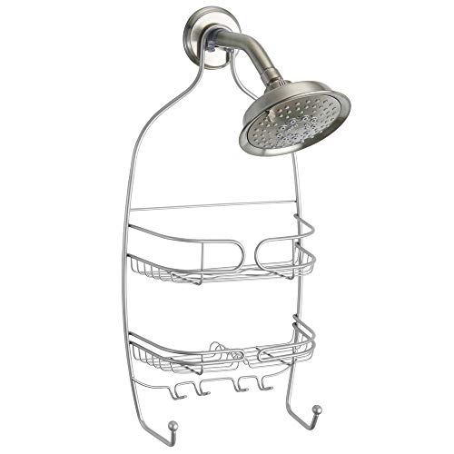 iDesign Neo Shower, Medium Metal Storage, Hanging Bathroom Caddy with 3 Shelves, 6 Hooks and 2 Suction Cups, Silver, Steel, One Size