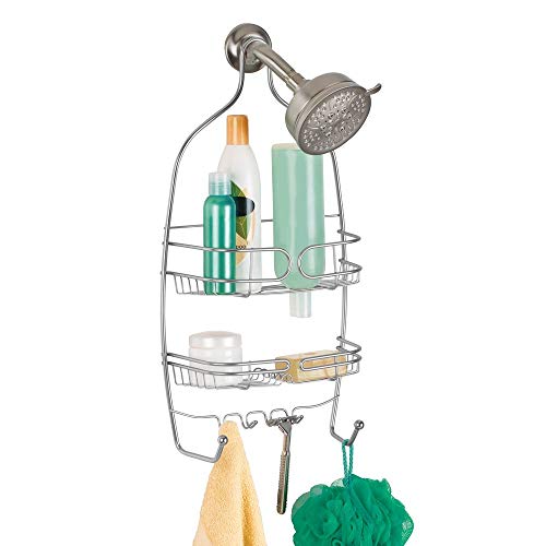 iDesign Neo Shower, Medium Metal Storage, Hanging Bathroom Caddy with 3 Shelves, 6 Hooks and 2 Suction Cups, Silver, Steel, One Size