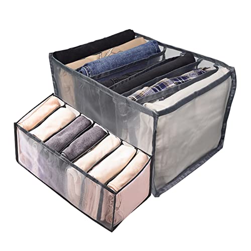 S-SNAIL-OO 7 Grids Washable Wardrobe Clothes Organizer, 2PCS Foldable Visible Grid Storage Box with Multiple Layers, Storage Containers for Scarves, Leggings (Jeans Grid&Leggings Grid, 2Grey)