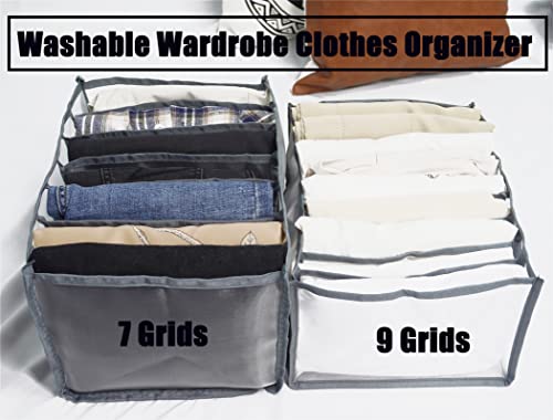 S-SNAIL-OO 7 Grids Washable Wardrobe Clothes Organizer, 2PCS Foldable Visible Grid Storage Box with Multiple Layers, Storage Containers for Scarves, Leggings (Jeans Grid&Leggings Grid, 2Grey)