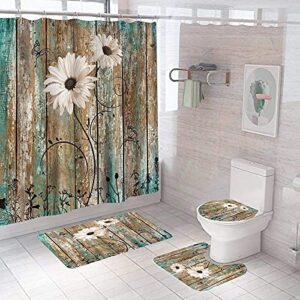 4 pcs rustic flower shower curtain set with non-slip rug,toilet lid cover,u shape mat,farmhouse waterproof fabric shower?curtains with 12 hooks and rug mat set for bathroom,71''l