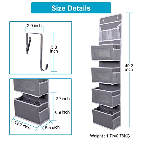 Aeeteek 1 Pack Over The Door Hanging Organizer 5-Shelf Closet Cabinet Storage Bag 49.2 * 13 * 5.5 in Wall Mount Large Capacity Hanging Shelves Drawers for Kitchen Bathroom Nursery (Grey)