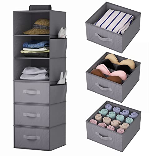 YOUDENOVA Hanging Closet Organizers, 6-Shelf Hanging Closet Storage Shelves with 3 Drawers, Grey