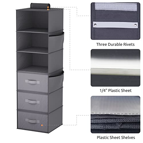 YOUDENOVA Hanging Closet Organizers, 6-Shelf Hanging Closet Storage Shelves with 3 Drawers, Grey