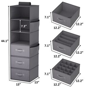 YOUDENOVA Hanging Closet Organizers, 6-Shelf Hanging Closet Storage Shelves with 3 Drawers, Grey