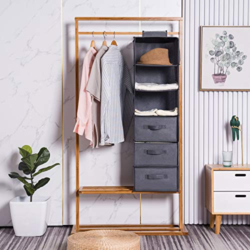 YOUDENOVA Hanging Closet Organizers, 6-Shelf Hanging Closet Storage Shelves with 3 Drawers, Grey